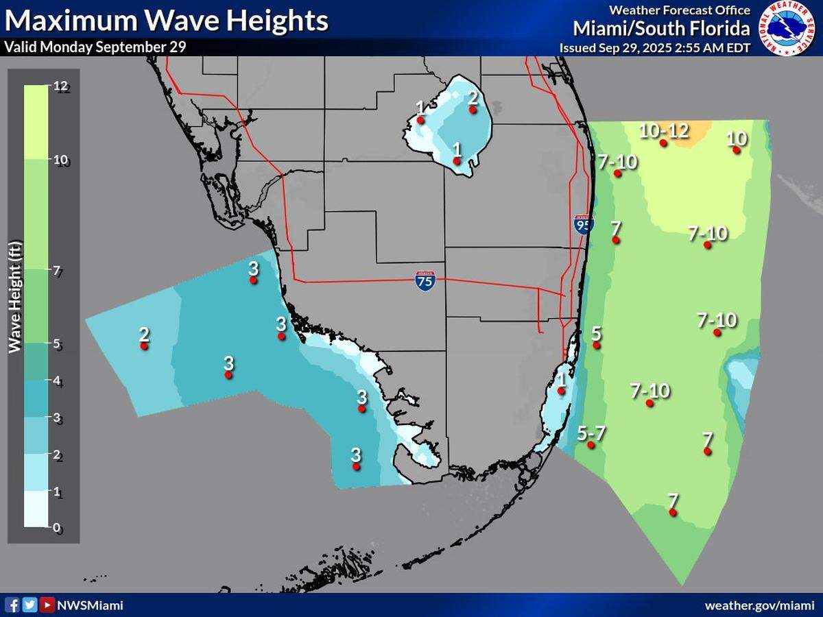 El NWS Miami indicó el lunes 29 de septiembre de 2025 que las condiciones marinas son cada vez más peligrosas para los navegantes a medida que las olas y los vientos aumentan, mientras la tormenta Imelda se desplaza hacia el norte.