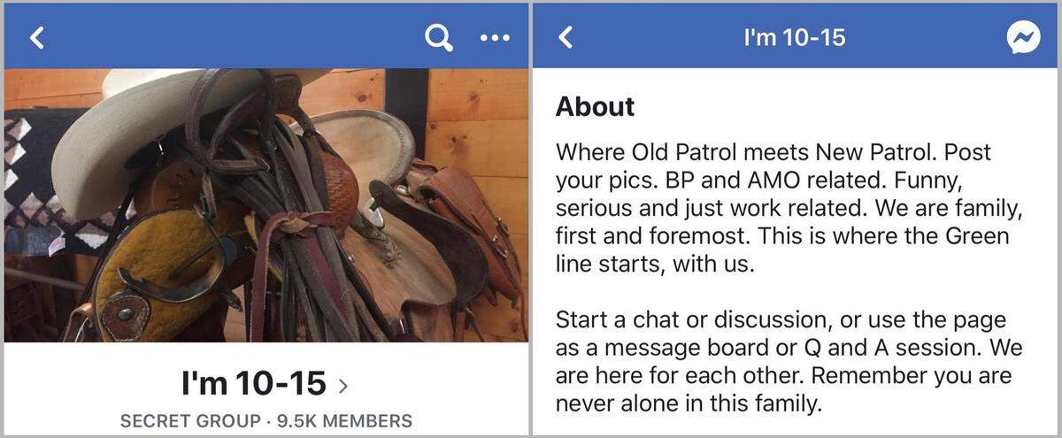 Captura de pantalla con el título del grupo de Facebook y su descripción: Acerca de Donde la Patrulla Vieja se reúne con la Patrulla Nueva. Suban sus fotos y contenido relacionado con AMO. Cosas chistosas, serias y relacionadas con el trabajo. Antes que todo, somos familia. Aquí comienza la Línea Verde, con nosotros. Comienza una charla o discusión, o usa la página como tablero de mensajes o sesión de preguntas y respuestas. Estamos aquí para respaldarnos entre todos. Recuerda que en esta familia nunca estás solo.