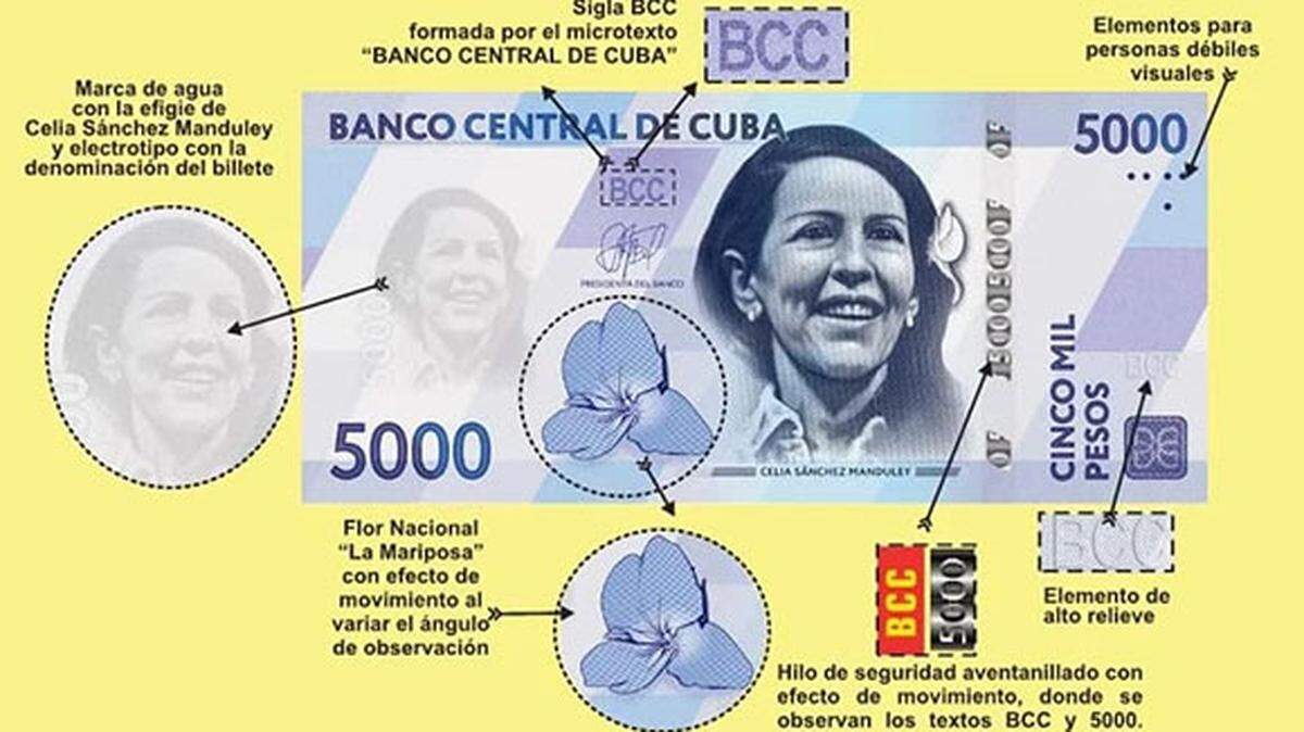 Diseño del nuevo billete de 5,000 pesos cubanos.