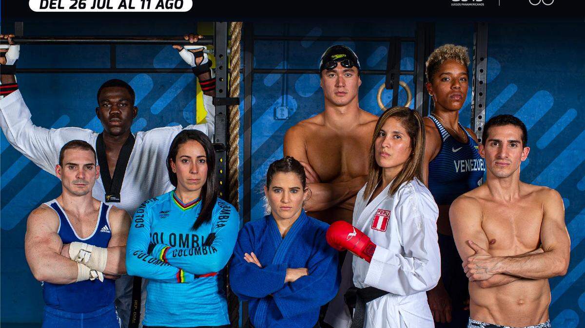 Los embajadores de los Juegos Panamericanos Lima 2019. (De izq. a der.), arriba: Luisito Pie (República Dominicana), Nathan Adrian (Estados Unidos), Yulimar Rojas (Venezuela). Abajo: Arthur Zanetti (Brasil), Mariana Pajón (Colombia),Paula Pareto (Argentina), Alexandra Grande (Perú), Rommel Pacheco (México).