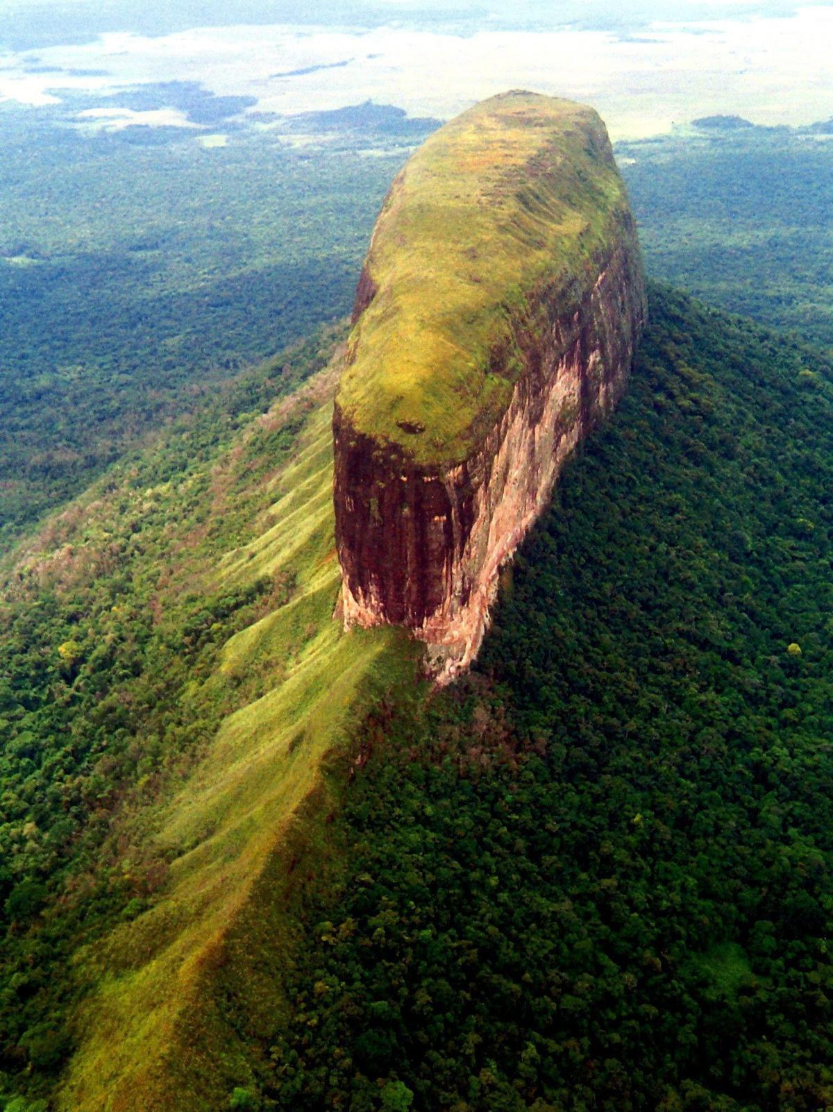Vista aérea del Apauray Tepuy, uno de los numerosos tepuyes que existen el Parque Nacional Cansituadima, en Canaima. 