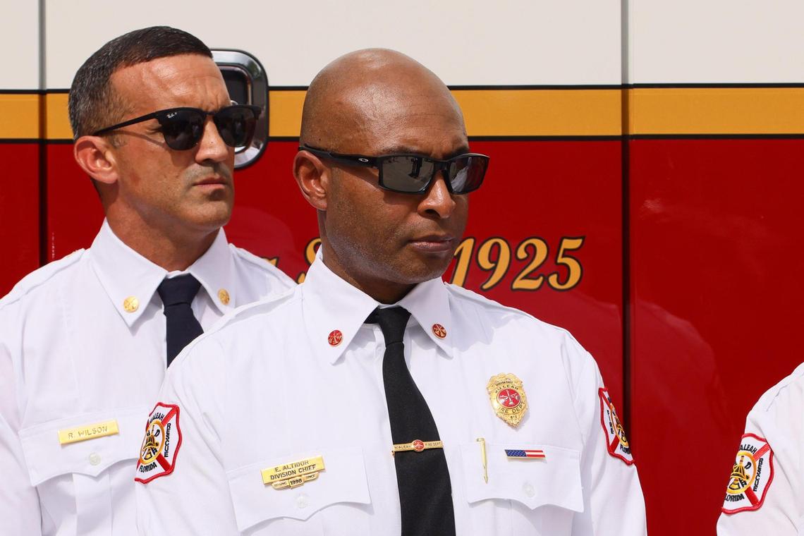Hialeah Fire Department Division Chief Edward Altidor attended the unveiling ceremony of three new fire rescue trucks at Hialeah Fire Station 1 in October 29, 2024. He is currently involved in an Internal Affairs investigation stemming from a complaint that he had an unfair advantage in the Battalion Chief examination for eligibility for that position.