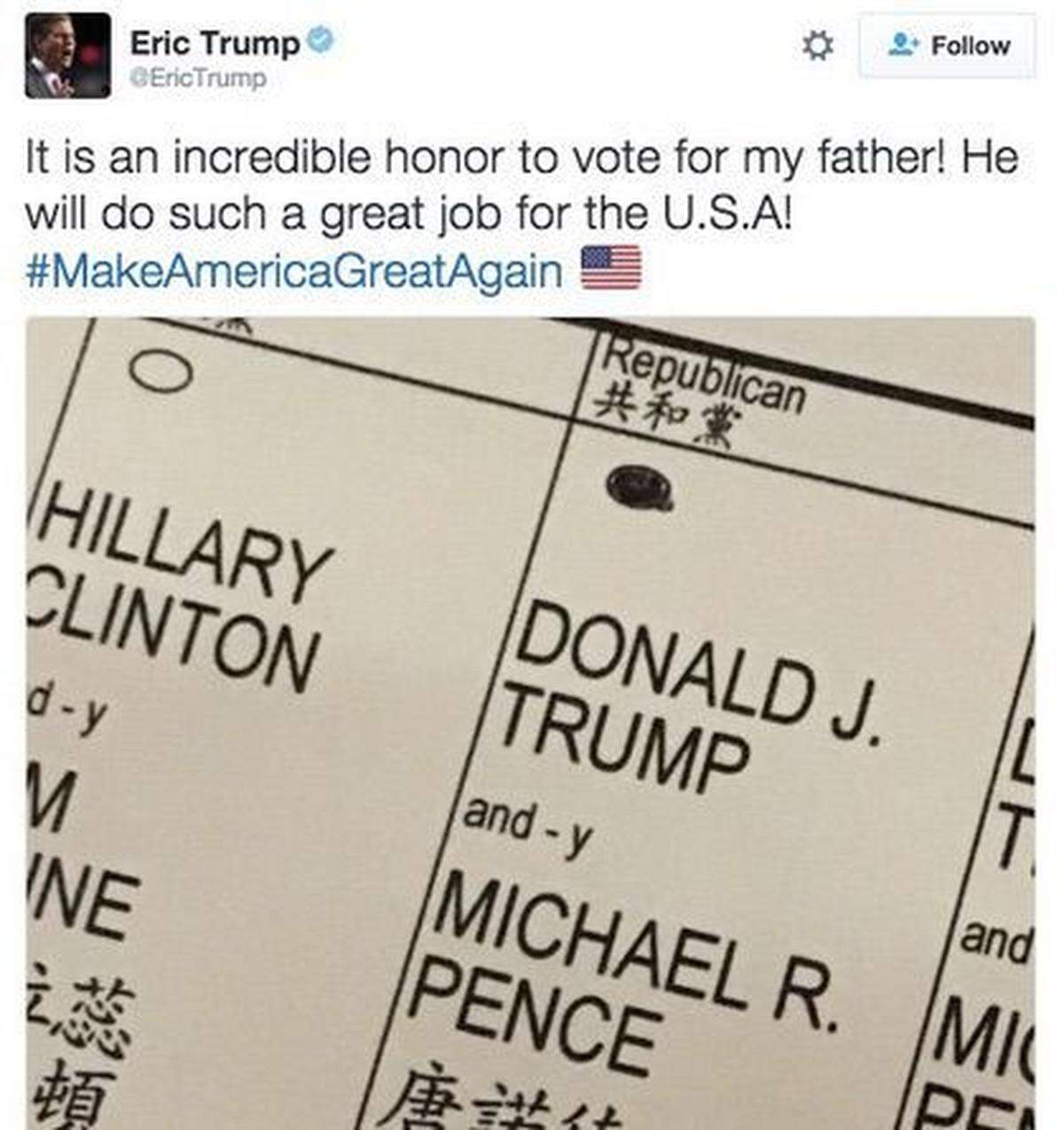 El tuit enviado por Eric Trump en el que dice "es un honor increíble votar por mi padre. Él hará un buen trabajo para Estados Unidos. El mensaje fue borrado luego. 
