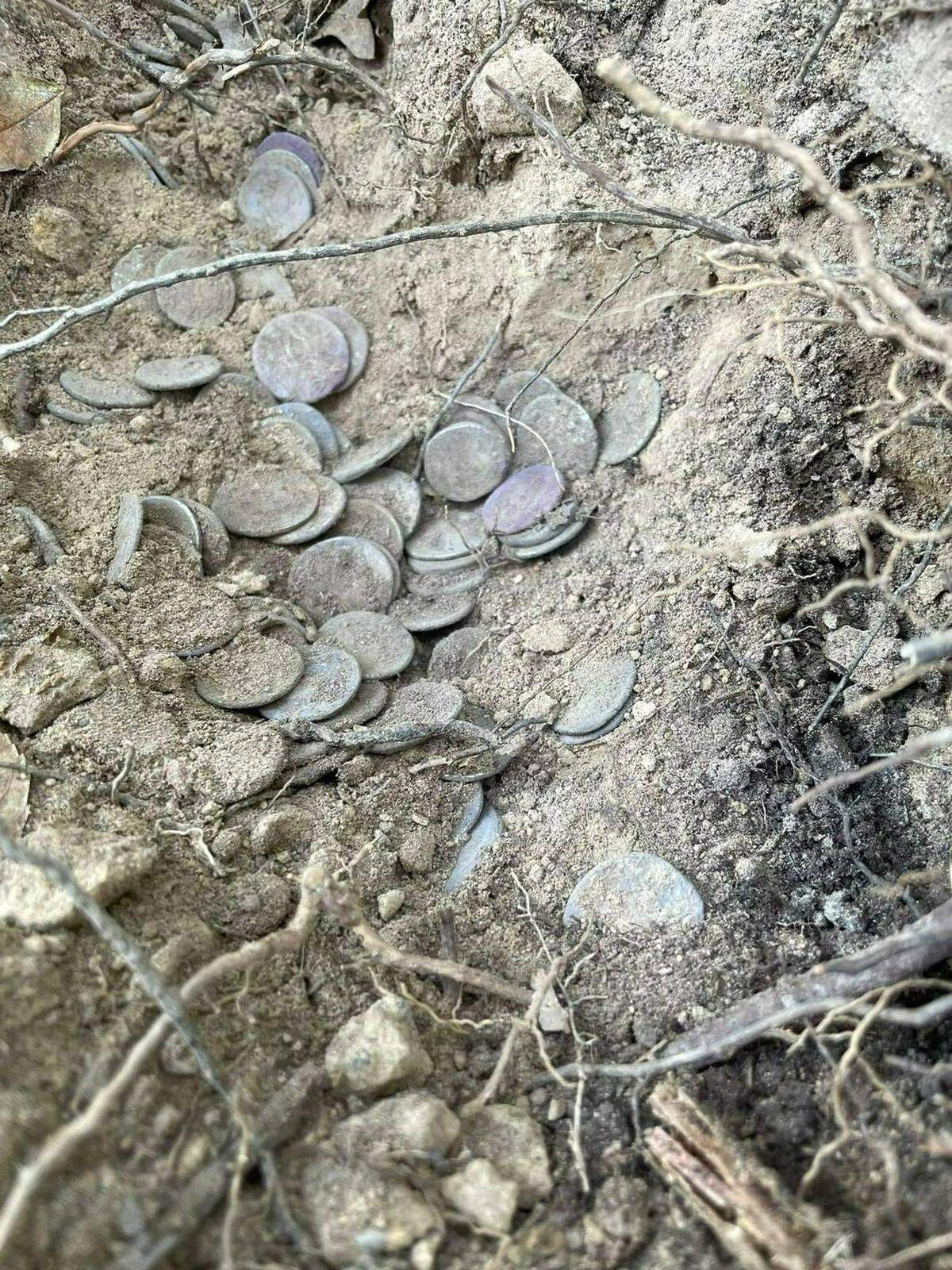 Algunas de las monedas parcialmente enterradas en la tierra.