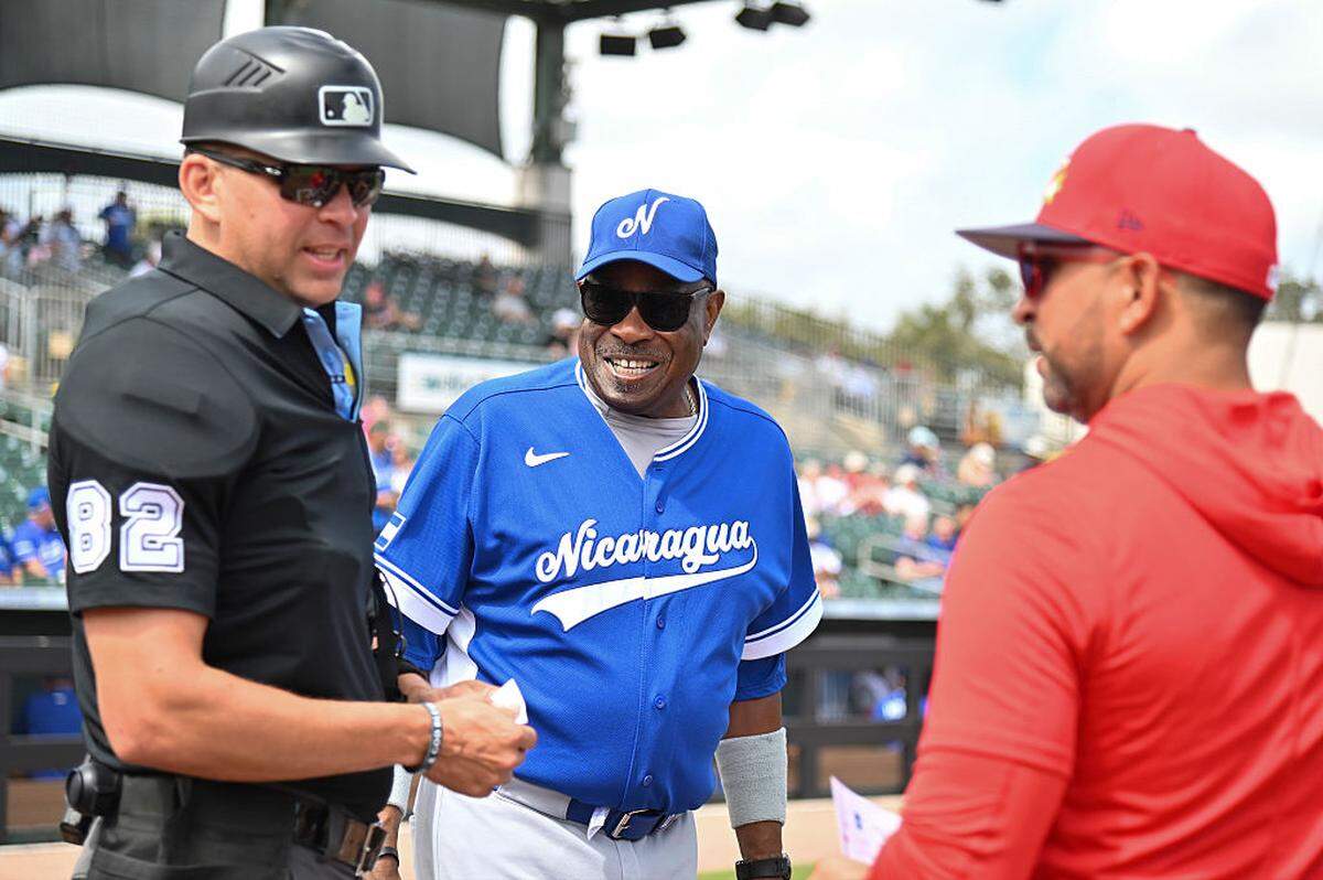 JUPITER, FL - MARCH 04: Manager Dusty Baker Jr. #12 of Team Nicaragua exchanges lineup cards prior to the game between the Team Nicaragua and the St. Louis Cardinals at Roger Dean Chevrolet Stadium on Wednesday, March 4, 2026 in Jupiter, Florida. (Photo by Ali Overstreet/MLB Photos via Getty Images)