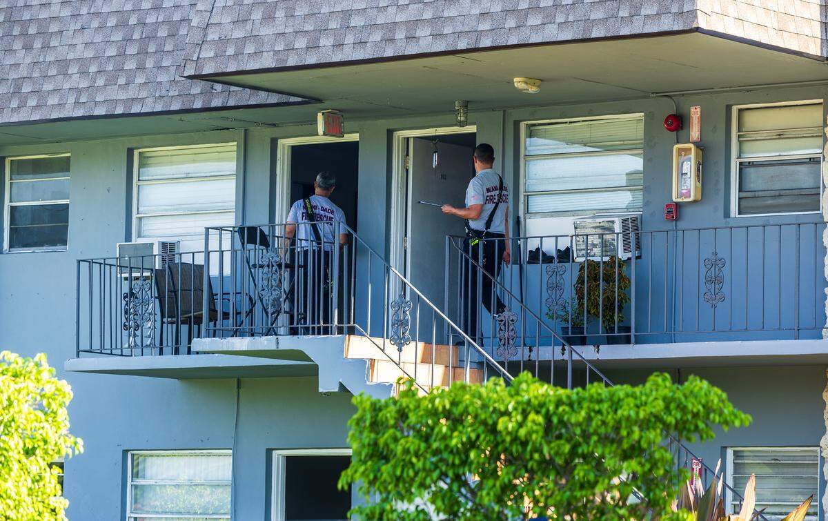 Members of the Miami-Dade Fire Rescue Department, check apartments at the Hemingway Villa Condominiums, located at 9375 SW 40th Terrace, after a gas leak occurred resulting in some residents to be taken to local hospitals due to a high gas level detected on them, on Tuesday June 04, 2024.