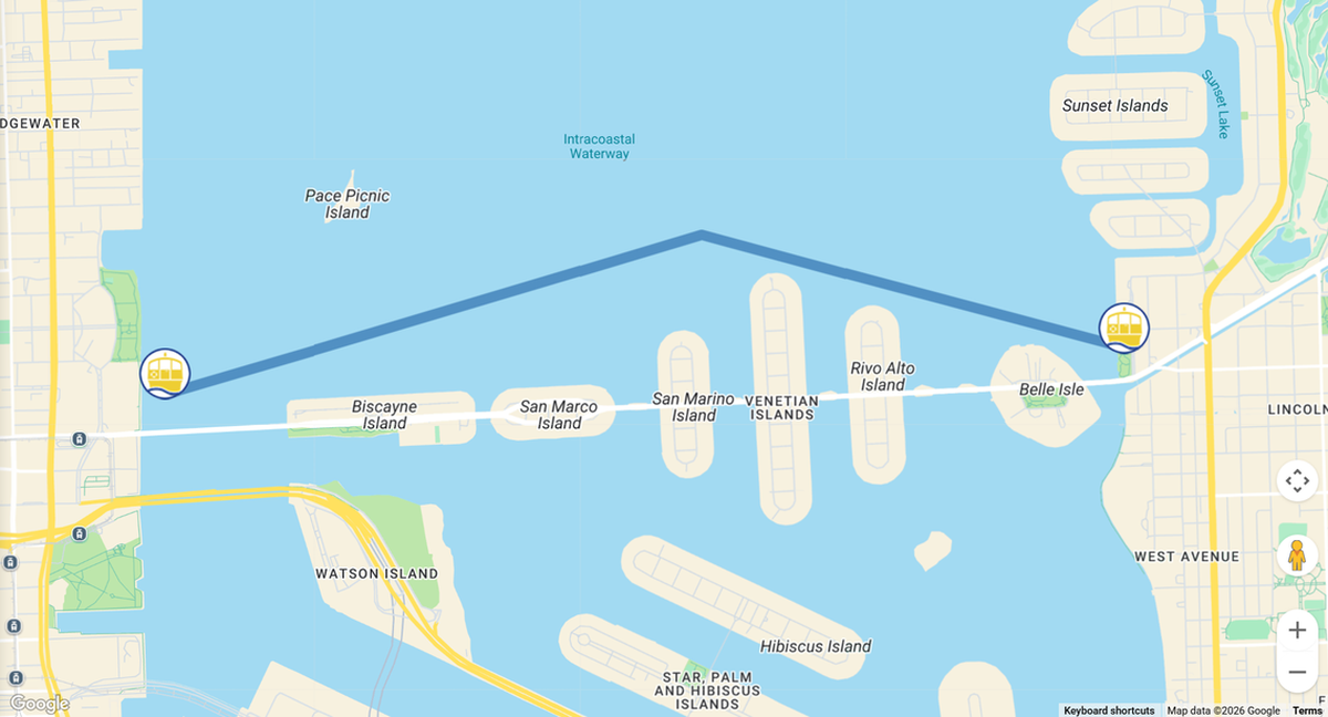 Un mapa muestra la ruta de un nuevo taxi acuático gratuito entre South Beach y el centro de Miami.
