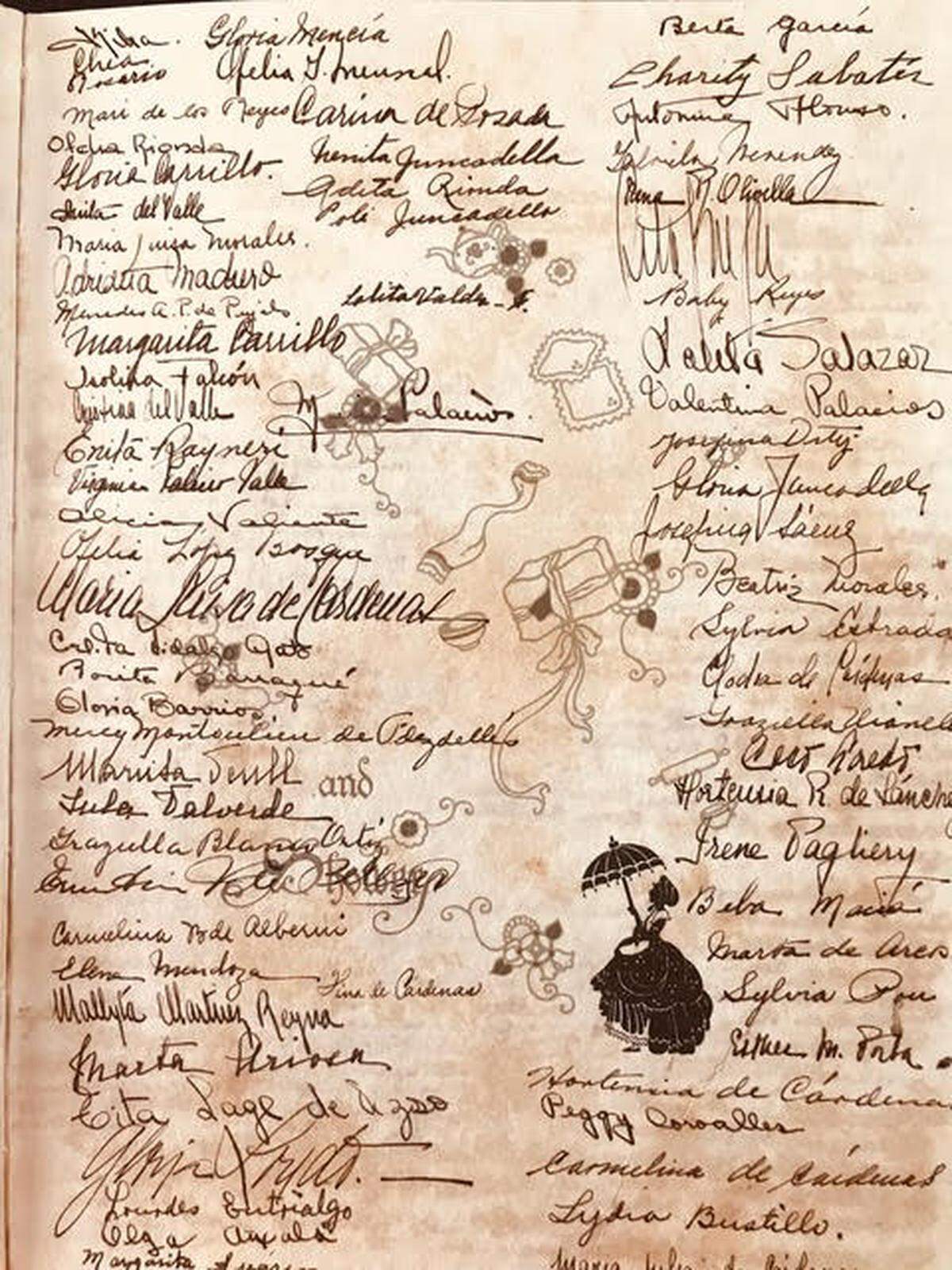 Firmas de invitados a la boda de Margarita Pedroso y Aróstegui y Raúl Valdés-Fauli y Juncadella. La pareja contrajo matrimonio en La Habana el 29 de noviembre de 1941.