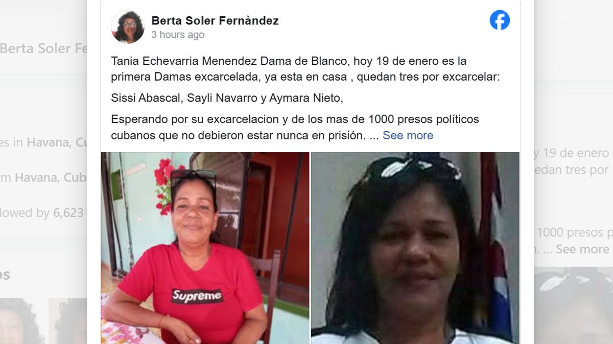 “Tania Echevarría Ménéndez ya está en casa, es la primera Dama de Blanco excarcelada”, refirió la líder de ese movimiento femenino, Berta Soler, en su perfil de Facebook, el domingo 19 de enero de 2025.