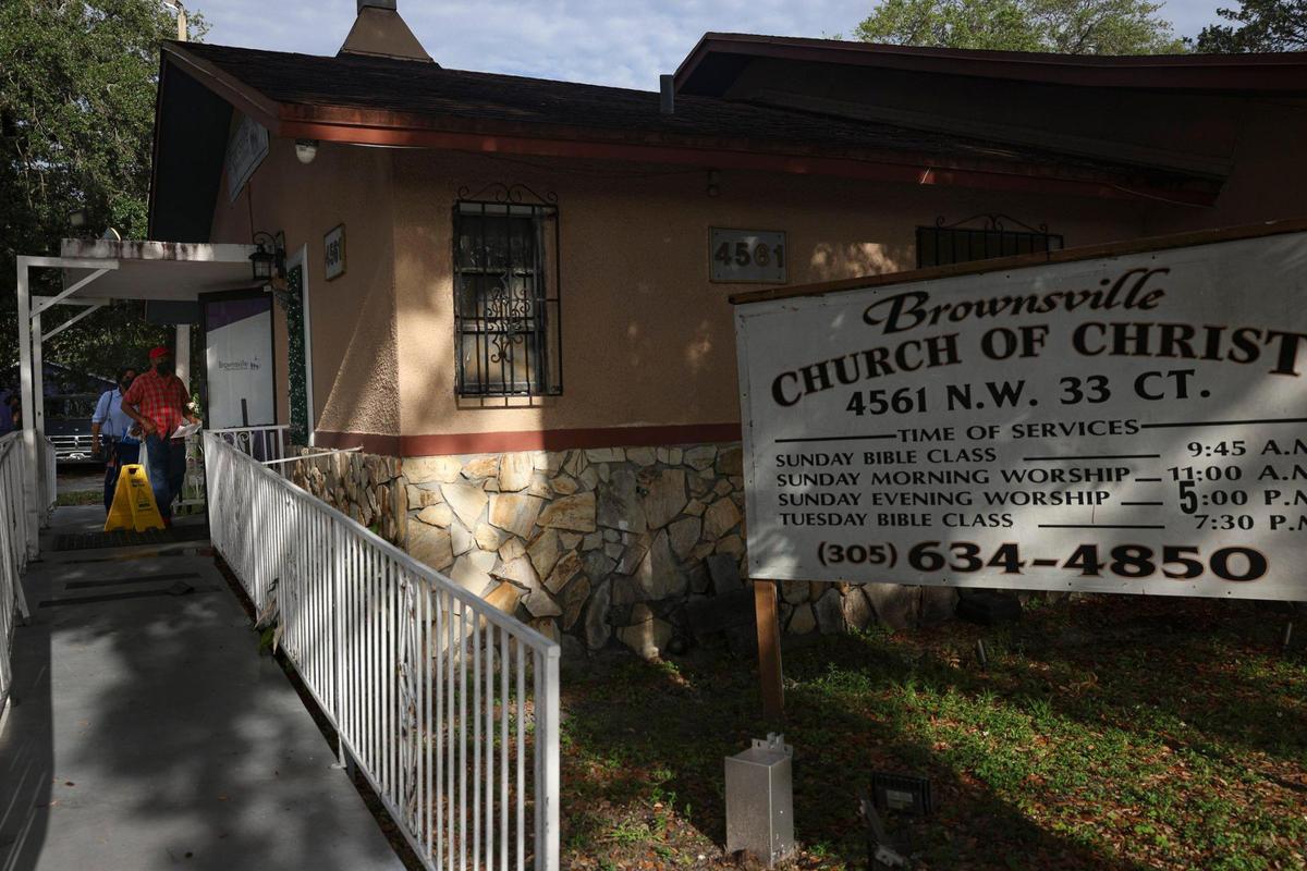 Residents arrive for the press conference to inform the public about Hialeah’s plan to incorporate the Brownsville industrial area on Monday, April 24, 2023 at Brownsville Church of Christ. The area includes industrial warehouses and also houses and the church.