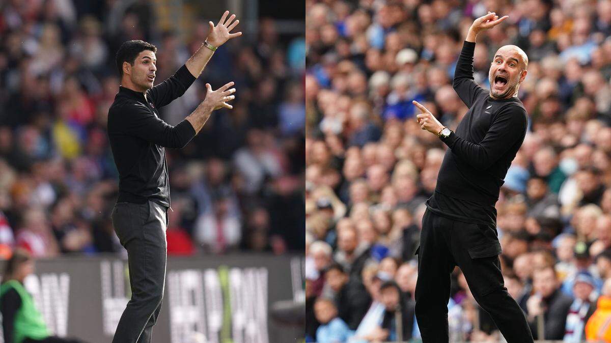Los técnicos de Arsenal, Mikel Arteta (izq.), y Manchester City, Pep Guardiola, se miden en su potencial partido decisivo por el título de la Premier League, el miércoles.