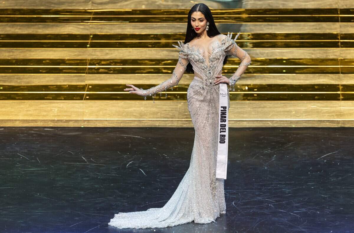 Daniela Reyes, representing Pinar Del Rio, reacts on stage as she competes in the Miss Universe Cuba 2026 beauty pageant at the Dennis C. Moss Cultural Arts Center on Thursday, Aug. 20, 2026, in Cutler Bay, Fla.