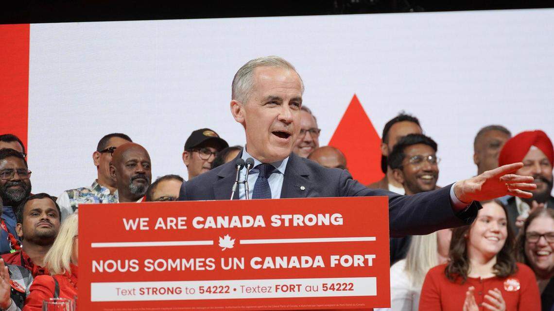 Mark Carney, prime minister of Canada and leader of the Liberal Party, celebrates his victory in the general election in Ottawa on April 29, 2025.
