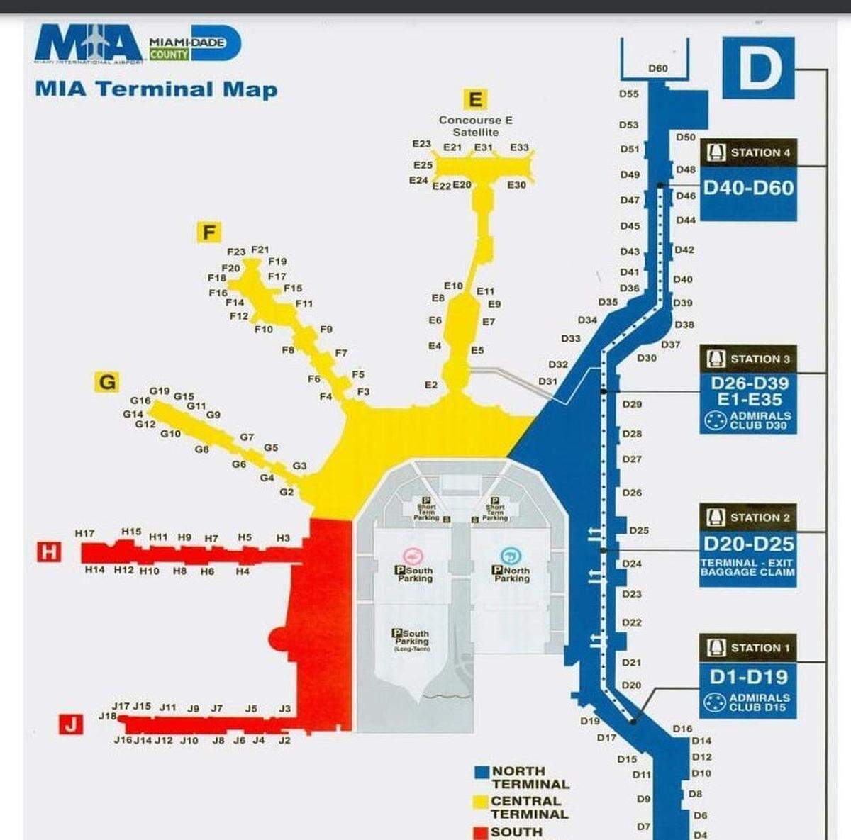 Mapa del sistema Skytrain, que le brinda servicio a la Terminal D del Aeropuerto Internacional de Miami (MIA).