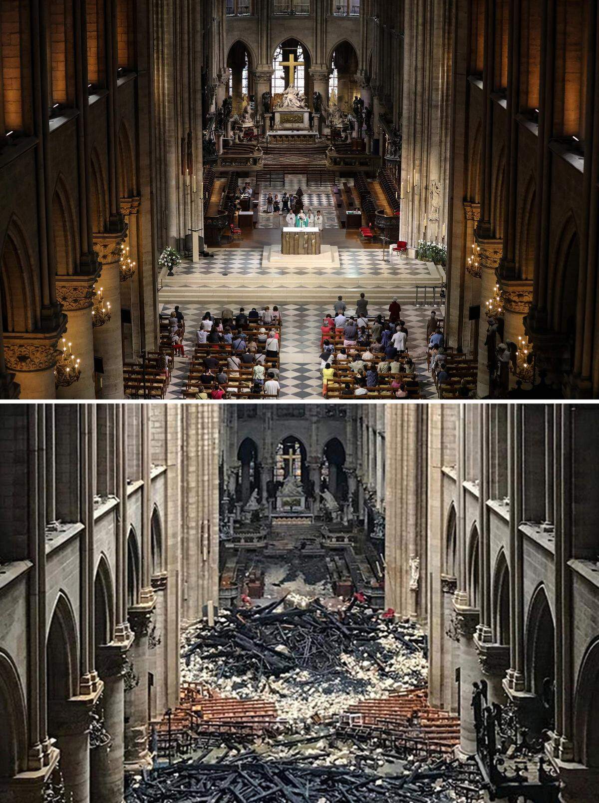 Combinación de fotos dentro de la catedral Notre Dame de París, de junio del 2018 y del 16 de abril del 2019, (abajo).