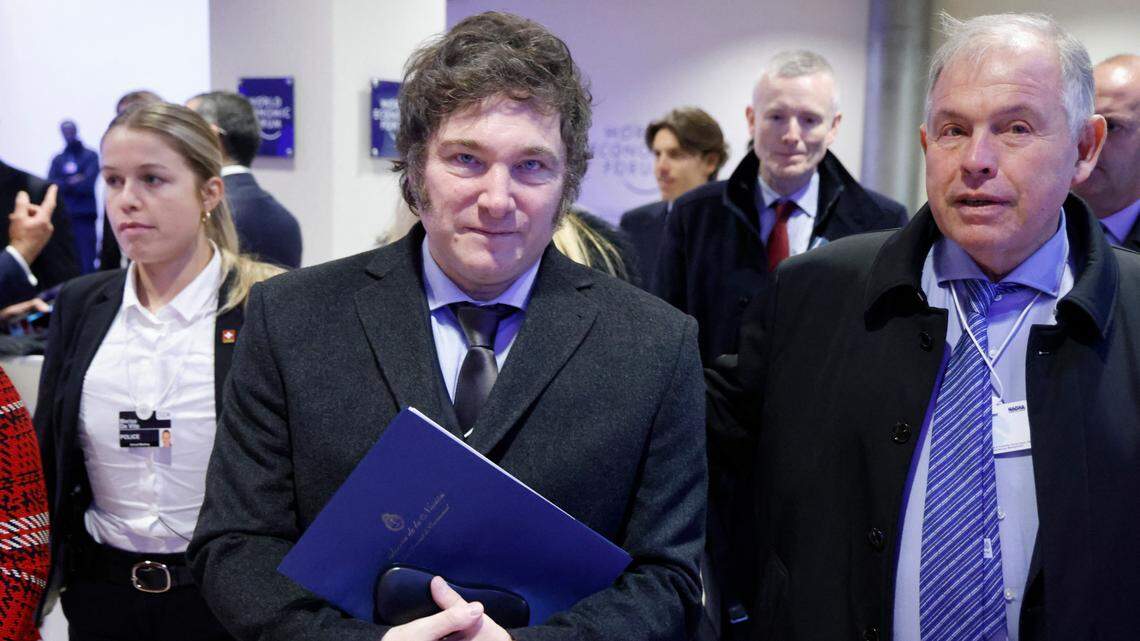 The president of Argentina, Javier Milei, (center), prepares to participate in a session of the World Economic Forum in Davos, Switzerland, on January 17, 2024.