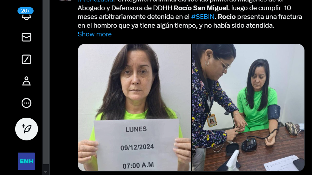 Imagen de la activista de derechos humanos Rocío San Miguel, quien fue detenida por el gobierno de Venezuela hace cuatro meses. Las fotos fueron publicadas el miércoles 11 de diciembre de 2024 por la abogada Tamara Suju en la red social X.