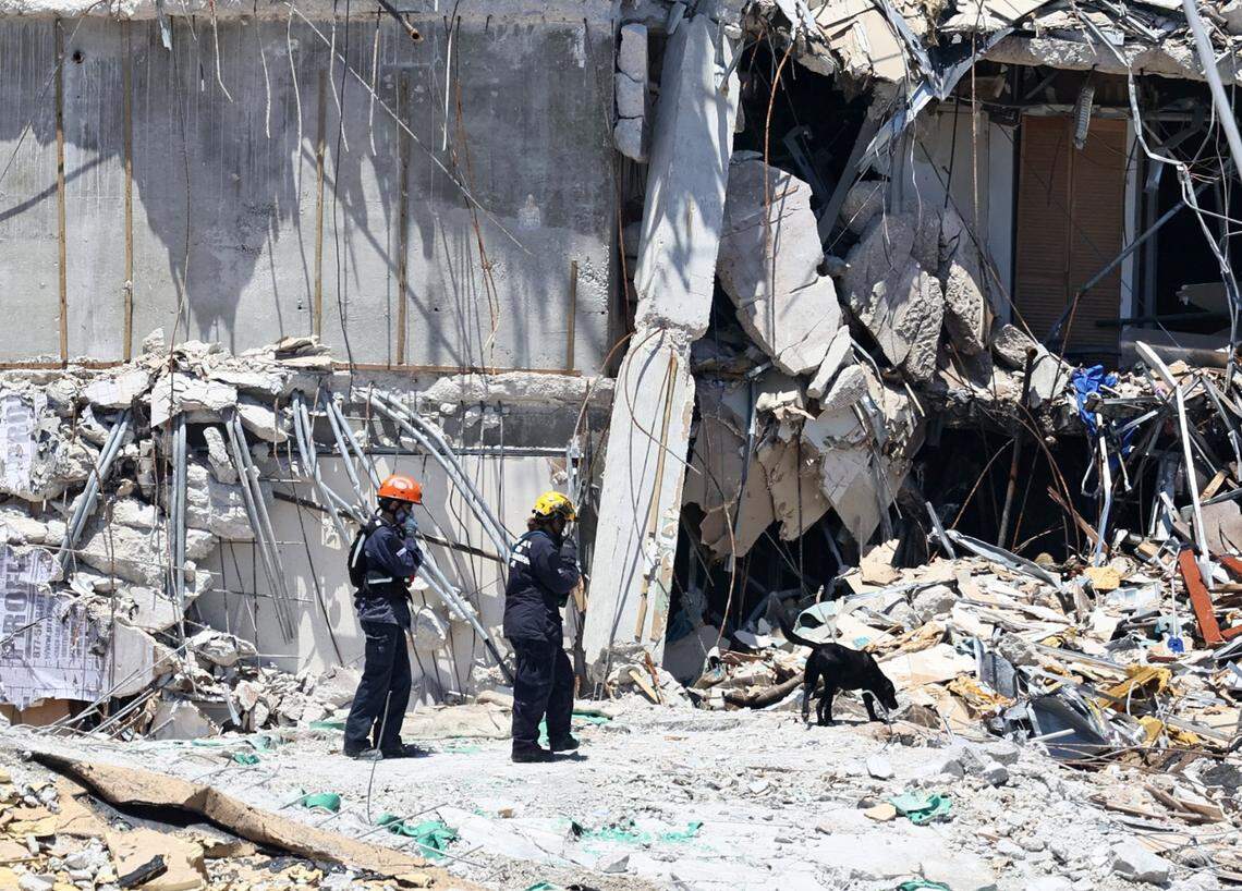 Search-and-rescue personnel search for survivors through the rubble with their dogs at Champlain Towers South in Surfside, Florida, Sunday, June 27, 2021.