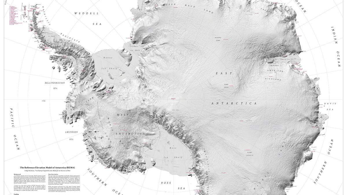 Imagen sin fecha de del nuevo mapa de la Atártica creado por la National Geospatial-Intelligence Agency.  ahora es posible ver a detalle zonas tan pequeñas en proporción como el tamaño de un automóvil.