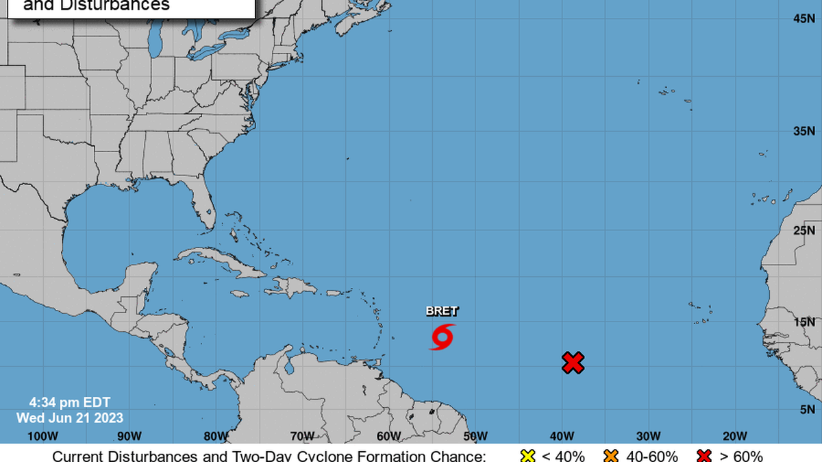 La tormenta tropical Bret se intensificó este miércoles 21 de junio de 2023 y comenzará a azotar a las Antillas Menores con vientos fuertes y lluvias.