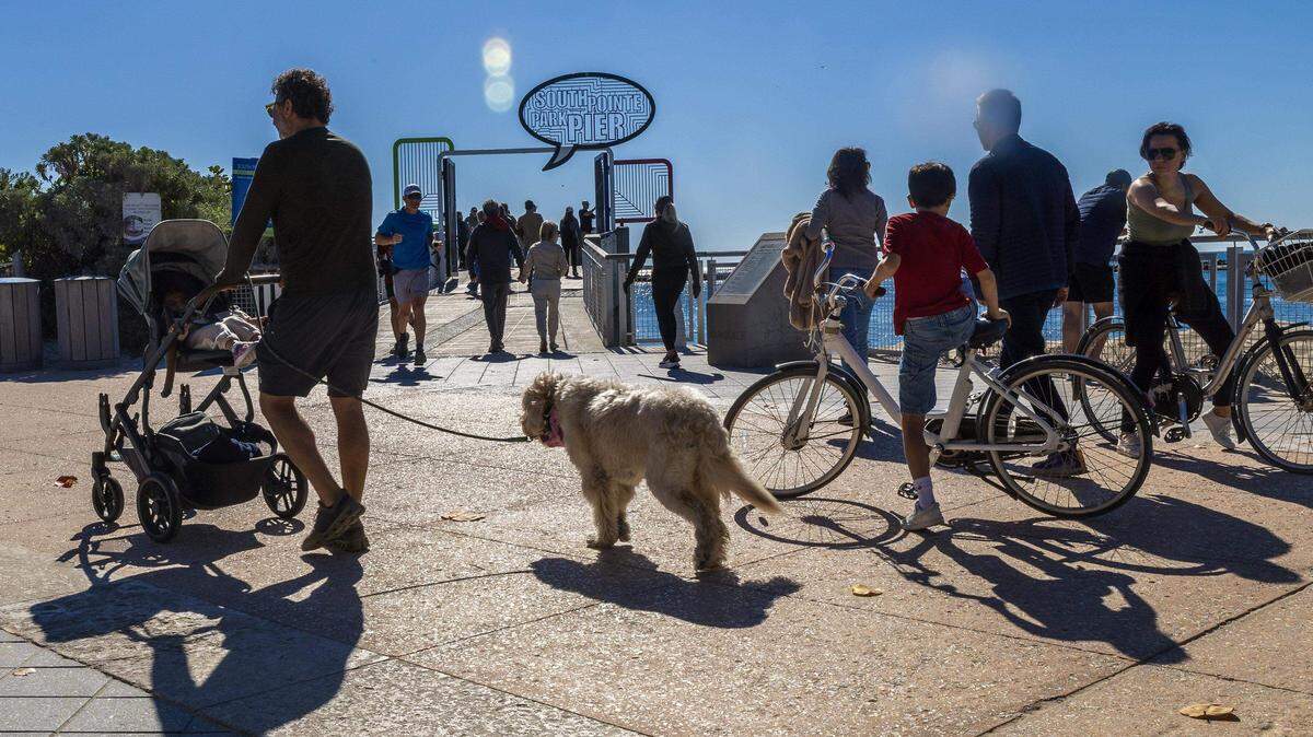 Los bañistas reciben el Año Nuevo, 1 de enero de 2026, en el muelle South Pointe Park en South Beach bajo cielos soleados, con máximas de entre 18 y 20 °C y mínimas alrededor de 4 °C. Pedro Portal pportal@miamiherald.com