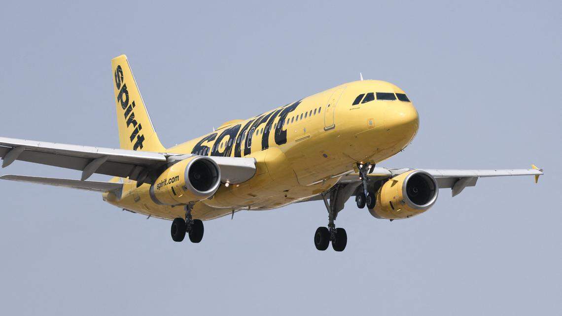 A Spirit Airlines Airbus A320 lands at Hollywood Burbank Airport on April 17, 2026. Spirit Airlines has been facing financial troubles, while rising jet fuel due to the war in Iran has amplified their worries. (Photo by Patrick T. Fallon / AFP via Getty Images)