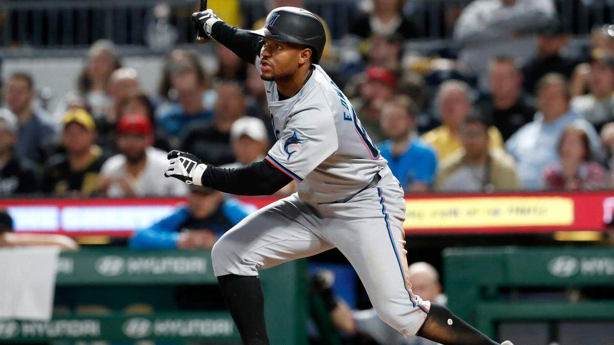 Sep 9, 2024; Pittsburgh, Pennsylvania, USA; Miami Marlins shortstop Xavier Edwards (63) hits a single against the Pittsburgh Pirates during the fifth inning at PNC Park. Mandatory Credit: Charles LeClaire-Imagn Images