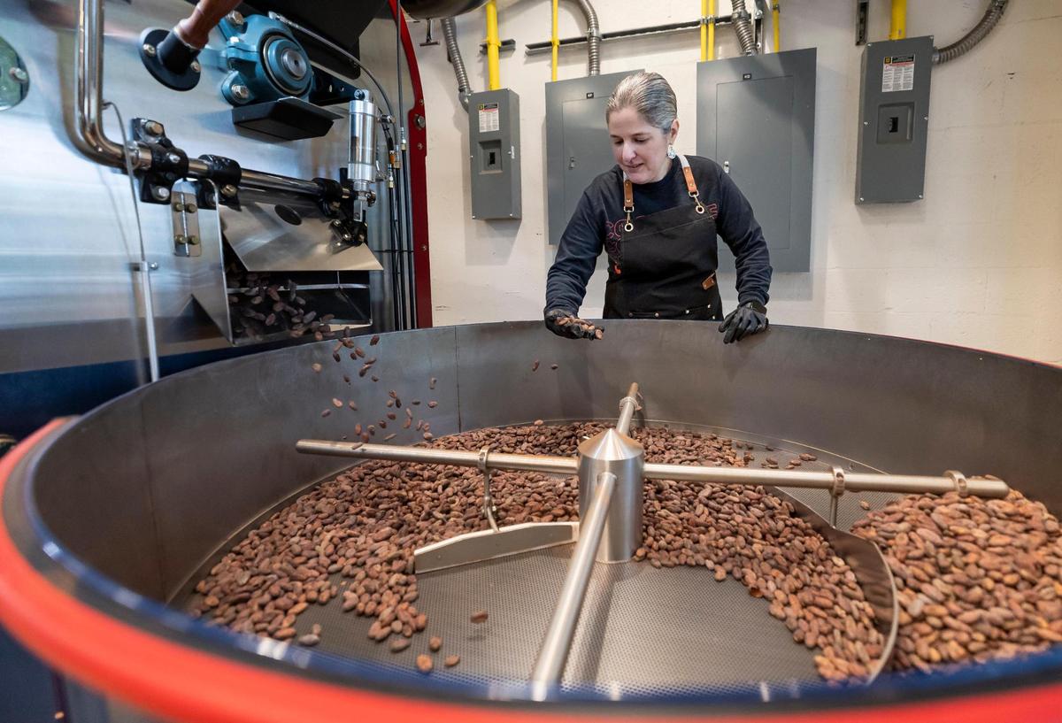 Carolina Quijano, fundadora de Exquisito Chocolates, inspecciona un lote de granos de cacao a medida que salen de una tostadora de café reutilizada en su nueva fábrica en la Calle Ocho.