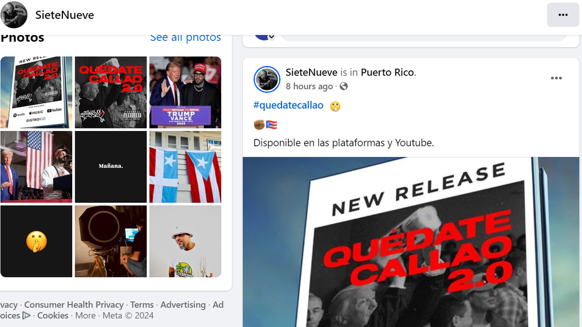 Foto tomada de la cuenta de Facebook del rapero puertorriqueño SieteNueve anunciando el lanzamiento del tema, “Quédate Callao 2.0”, para criticar el apoyo de los artistas Nicky Jam y Anuel al expresidente Donald Trump.
