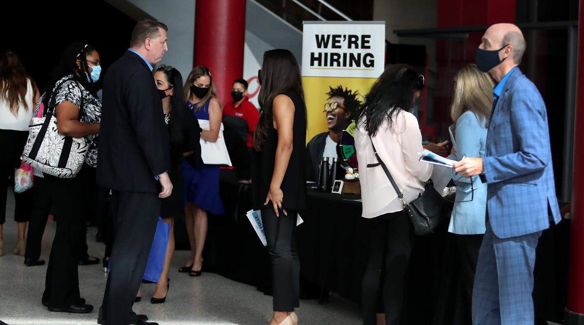 Most employment sectors have slowed, with hospitality, services and retail — sectors that employ many people in Miami— among the hardest hit.  Mega South Florida Job Fair of 2021 at the BB&T Center in Sunrise on Thursday October 29, 2021. 