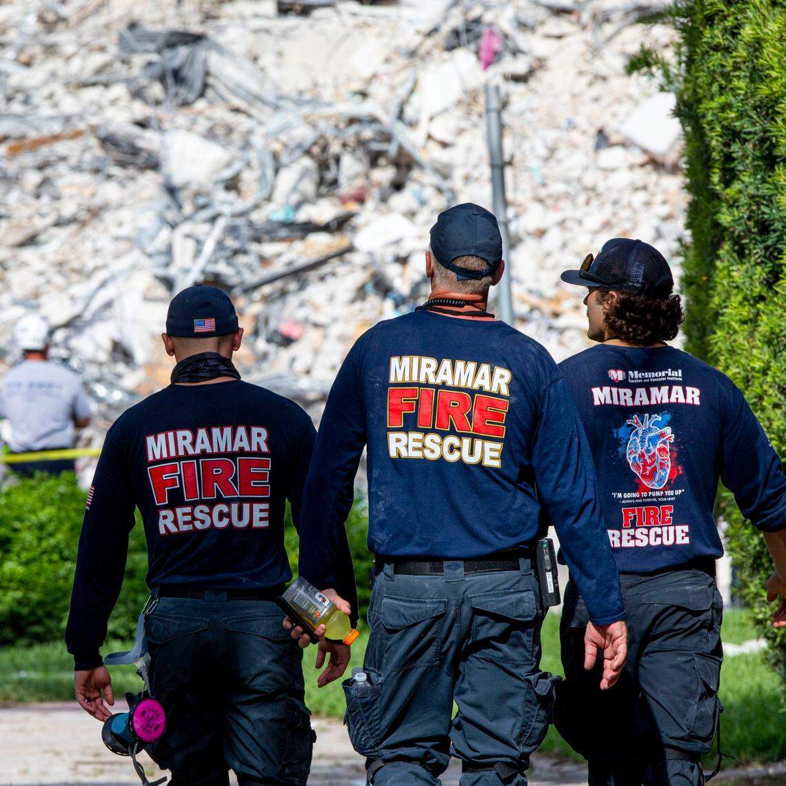 Search-and-recovery crews continue to work through the rubble of the collapsed Champlain Towers South condo in Surfside, Florida, on Thursday, July 8, 2021.