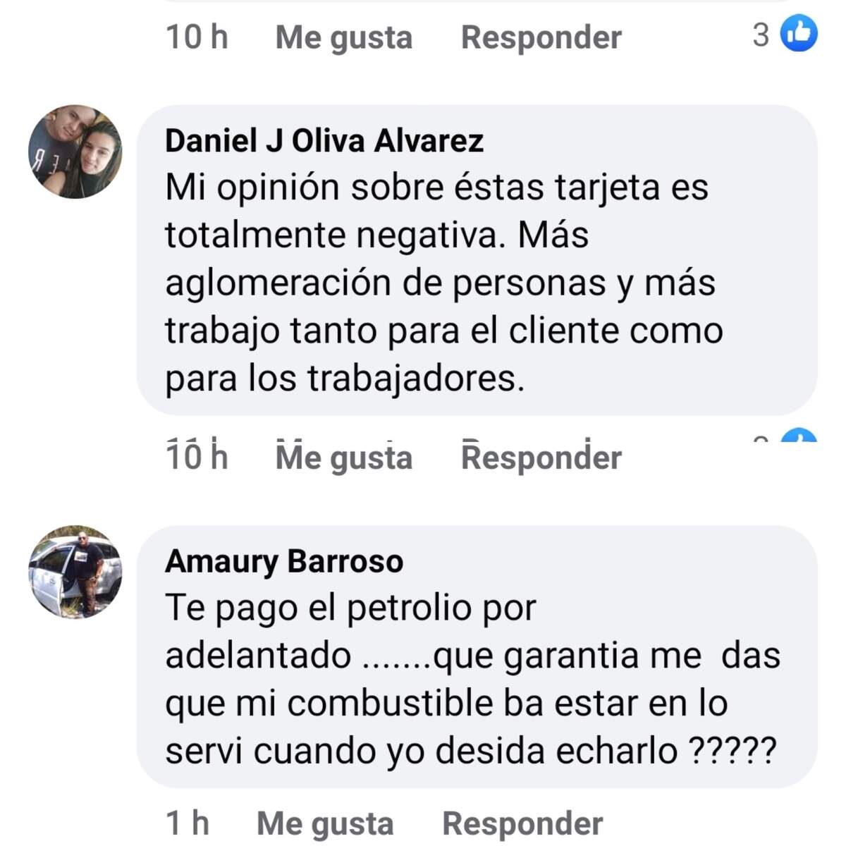 Comentarios de usuarios en Facebook sobre la venta de tarjetas prepago de combustible en las Casas de Cambio de divisas extranjeras en Cuba (CADECA).