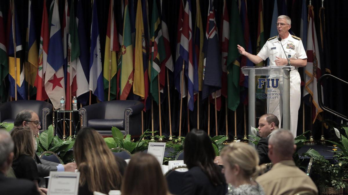 Miami, Fla., May 22, 2019 -Admiral Craig S. Faller, commander at U.S. Southern Command, delivered the keynote address at the Fourth Annual Hemispheric Security Conference at FIU. Hemispheric leaders gathered at FIU to discuss security threats. The Western Hemisphere is facing numerous complex security challenges, from the crisis raging in Venezuela to cyber strategies and misinformation breaking down confidence in democratic institutions throughout the region. FIU Graham Center Ballrooms 11200 SW 8th Street