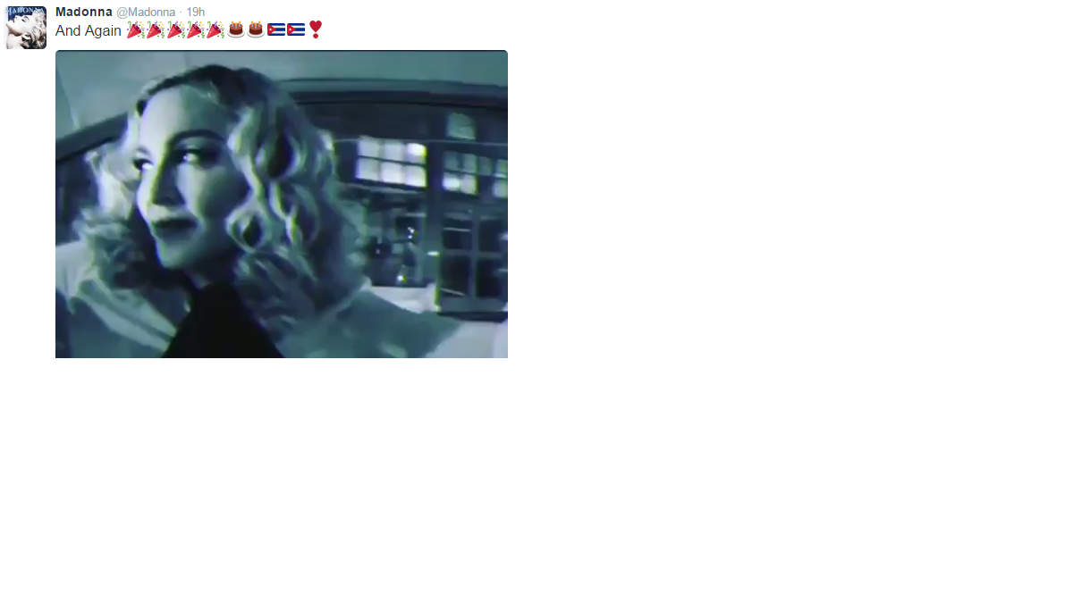 Imagen de uno de los tuits enviados por Madonna para rememorar los mejores momentos de su visita a Cuba a mediados de agosto. 