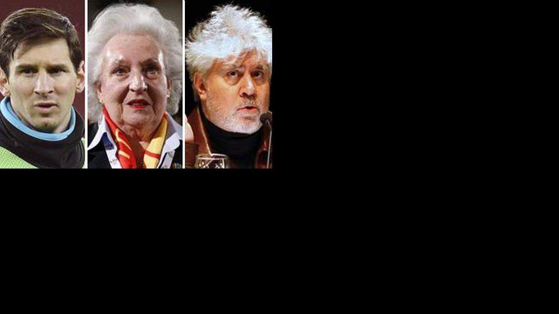 De izquierda a derecha el fútbolista Lionel Messi, Pilar de Borbón, hermana del rey Juan Carlos, el director de cine Pedro Almodóvar.