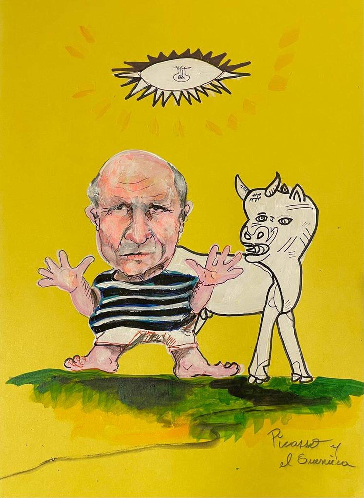 “Picasso y Guernica” (2022), de Dario Posada (Colombia), de la serie Caricaturas Iconos, con lapiz de color y tinta sobre papel, de 11x8 pulgadas. Galería Colour Senses Project, en Allapattah, en Allapattah, Miami.
