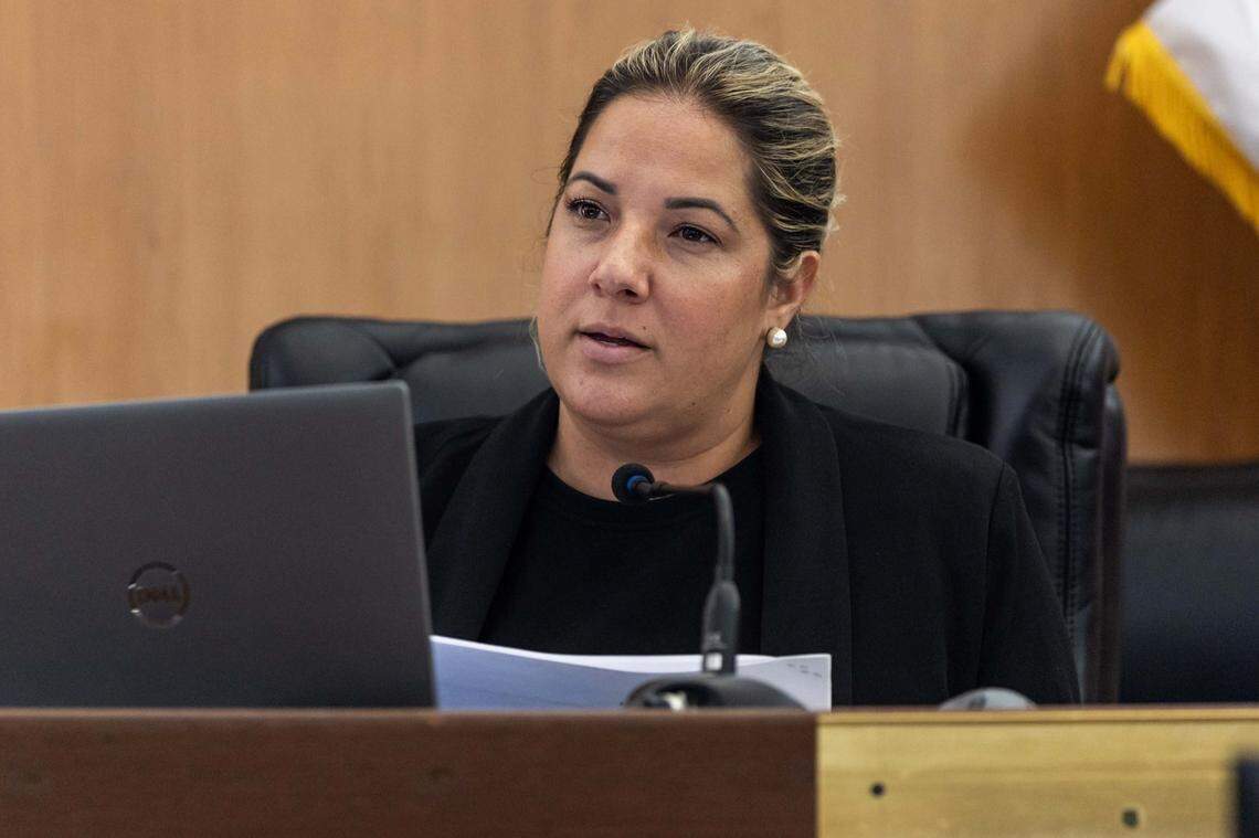 City Council Member Melinda De La Vega speaks to the finance team during a city budget council meeting at Hialeah City Hall on Monday, September 15, 2025, in Hialeah, Fla.