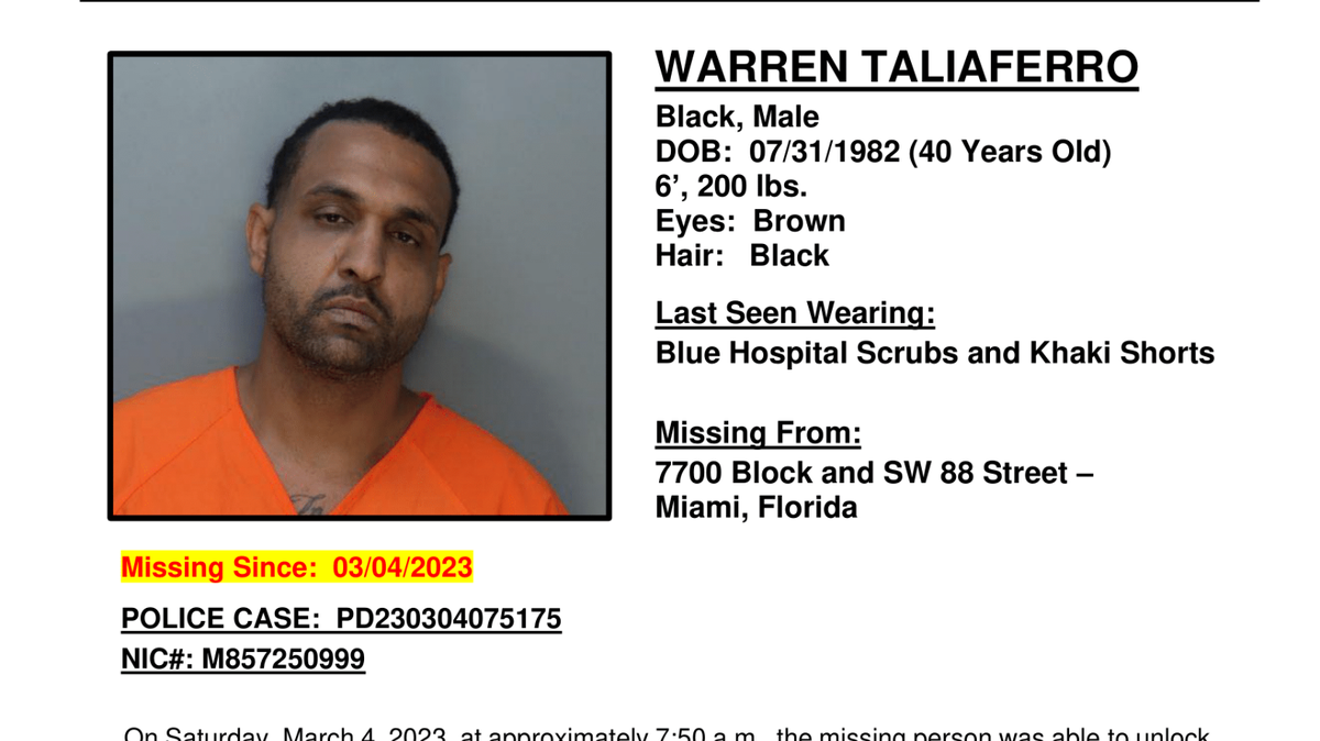 Warren Taliaferro fue admitido en un hospital de Miami parar una evaluación médica involuntaria el 1 de marzo de 2023.