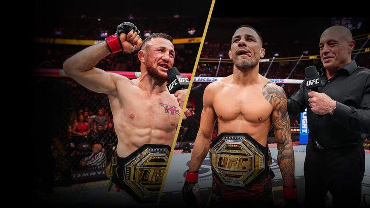 Merab Dvalishvili (izq.) volverá al octágono el 6 de diciembre en la T-Mobile Arena de Las Vegas para defender su cinturón gallo frente a Petr Yan, en lo que será el combate estelar de UFC 323.