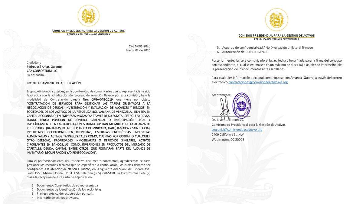 Documento emitido por la comisión presidencial de Venezuela que notifica que el consorcio CRA había sido seleccionado.