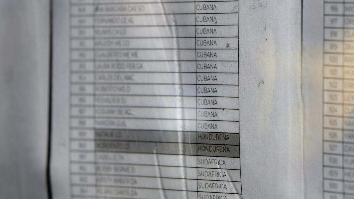 Some of the nationalities of migrants waiting to apply for asylum in the United States can be seen on one of the lists posted on the Matamoros side of the Gateway International Bridge.