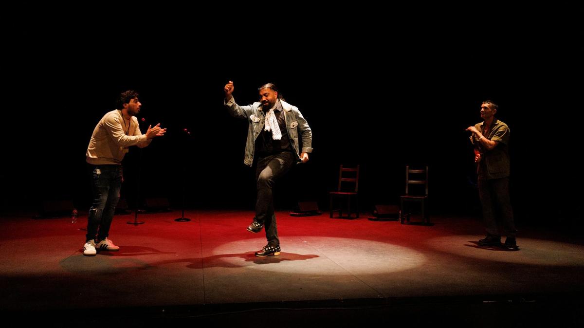 José Jiménez “El Bocadillo”, center, dances while José Campos “Morenito Hijo”, left, and Fernandez sing during Siempre Flamenco practice for the upcoming performance on Thursday, Aug. 22, 2024, at the Adrienne Arsht Center in Miami.