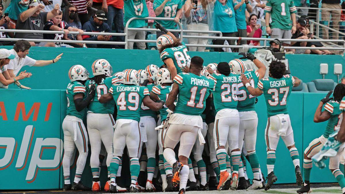 Los jugadores de los Dolphins celebran luego de que el cornerback de los Dolphins Xavien Howard interceptara un pase del quarterback de los Patriots de New England, Mac Jones, y anotara un touchdown, en el primer cuarto del partido celebrado el 9 de enero de 2022 en el Hard Rock Stadium en Miami Gardens.