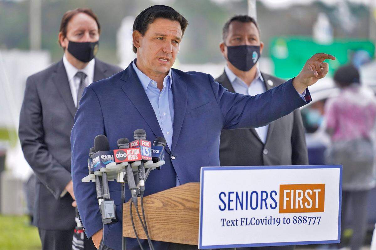 Florida Gov. Ron DeSantis speaks at a coronavirus vaccination site in Bradenton on Feb. 17.