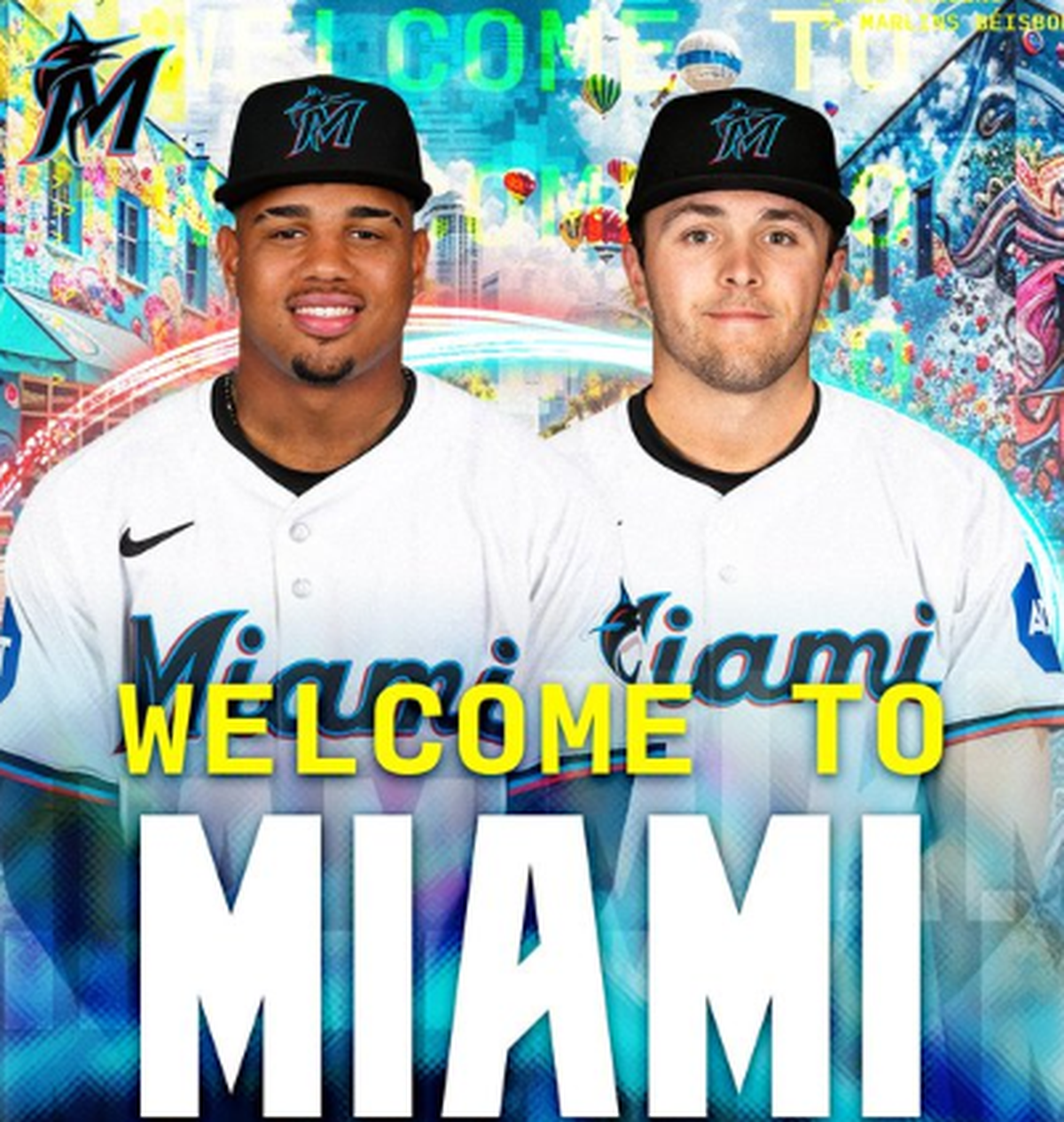 El infielder Deyvison de los Santos (izq.) y el jardinero Andrew Pintar son los dos prospectos que llegaron a los Marlins en el cambio por el relevista AJ Puk a los Diamondbacks de Arizona. &nbsp;
