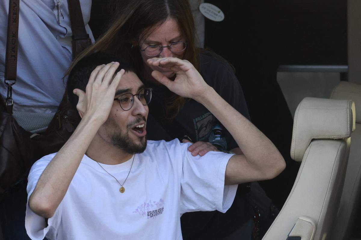 Released Israeli hostage Evyatar David reacts upon arriving at Beilinson Hospital in the Rabin Medical Centre in Petah Tikva in central Israel on October 13, 2025. Israel said that the last 20 living hostages released by Hamas on October 13, had arrived in the country. (Photo by Menahem Kahana / AFP) (Photo by MENAHEM KAHANA/AFP via Getty Images)