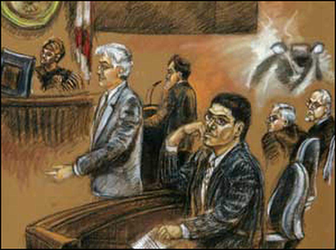 In this court artist’s rendering, U.S. District Judge Marcia Cooke presides over the landmark Miami terrorism trial of Jose Padilla as his attorneys Anthony Caruso and Michael Caruso defend him.