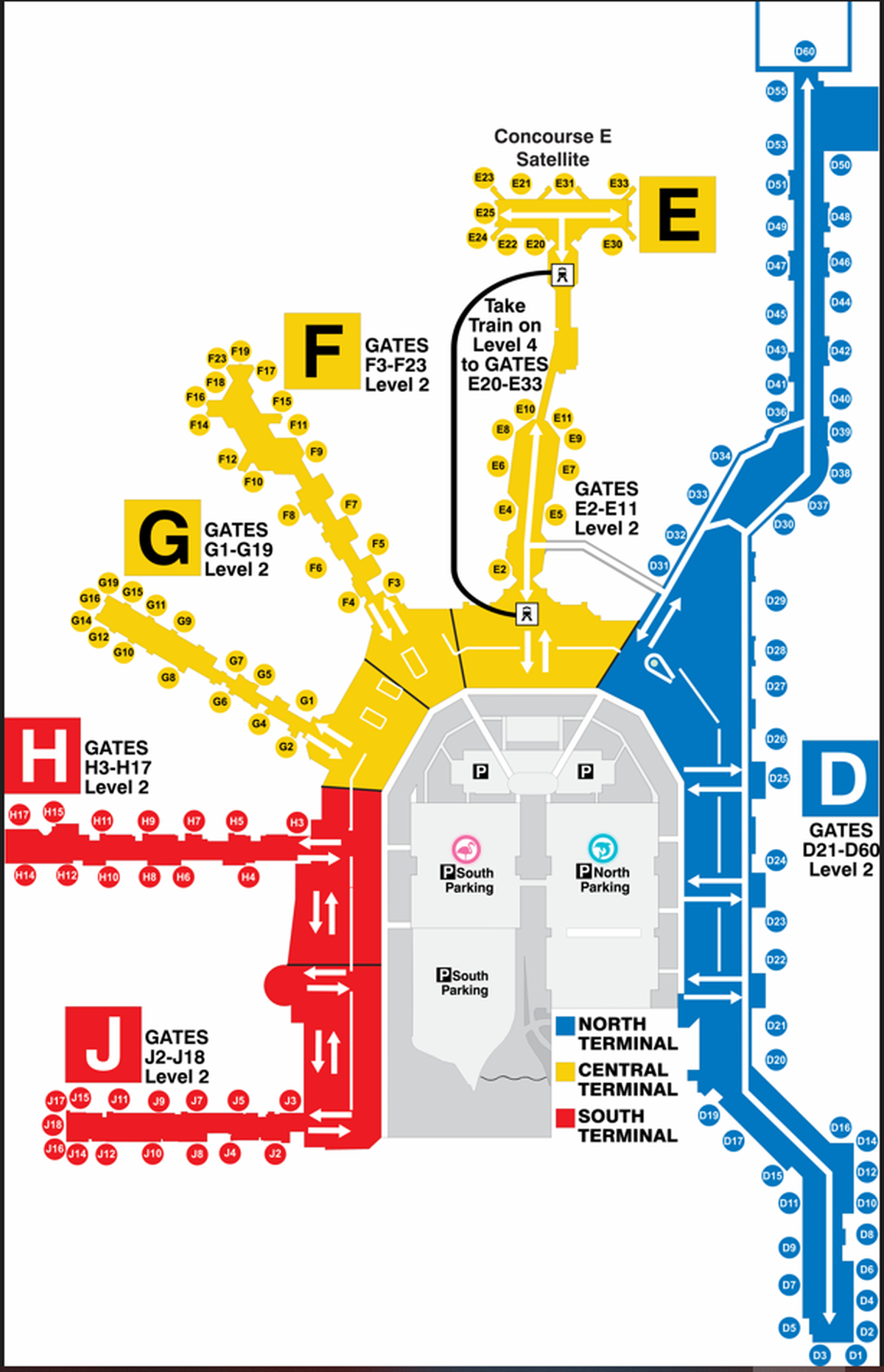 Mapa del Aeropuerto Internacional de Miami (MIA) con las terminales.