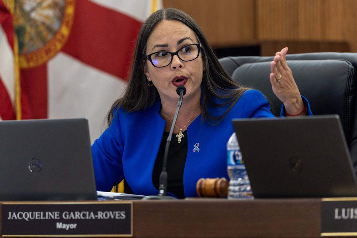 Interim Mayor Jacqueline Garcia-Roves speaks during a city budget council meeting at Hialeah City Hall on Monday, September 15, 2025, in Hialeah, Fla.
