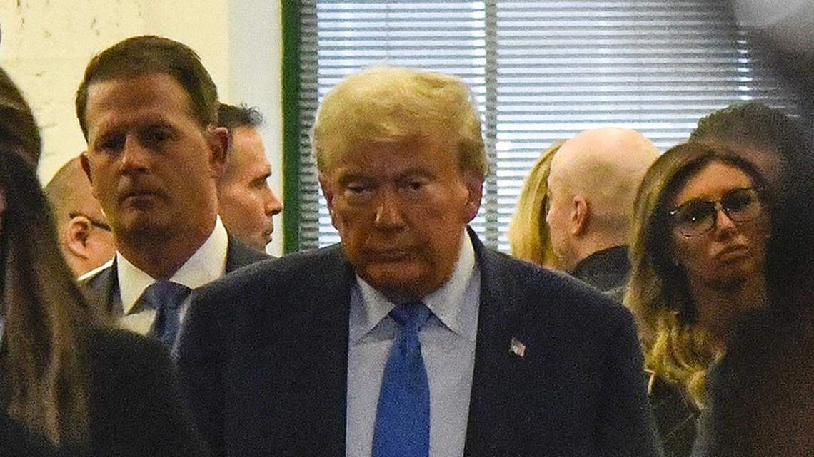 Former President Donald Trump exits the courtroom during a break as he testifies at his civil business fraud trial at New York Supreme Court on Monday, Nov. 6, 2023 in New York City.